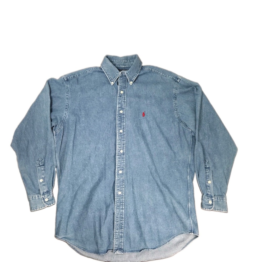 Vtg Ralph Lauren Blaire Denim Blue Jean Shirt Mens M Button Long Sleeve Red Pony